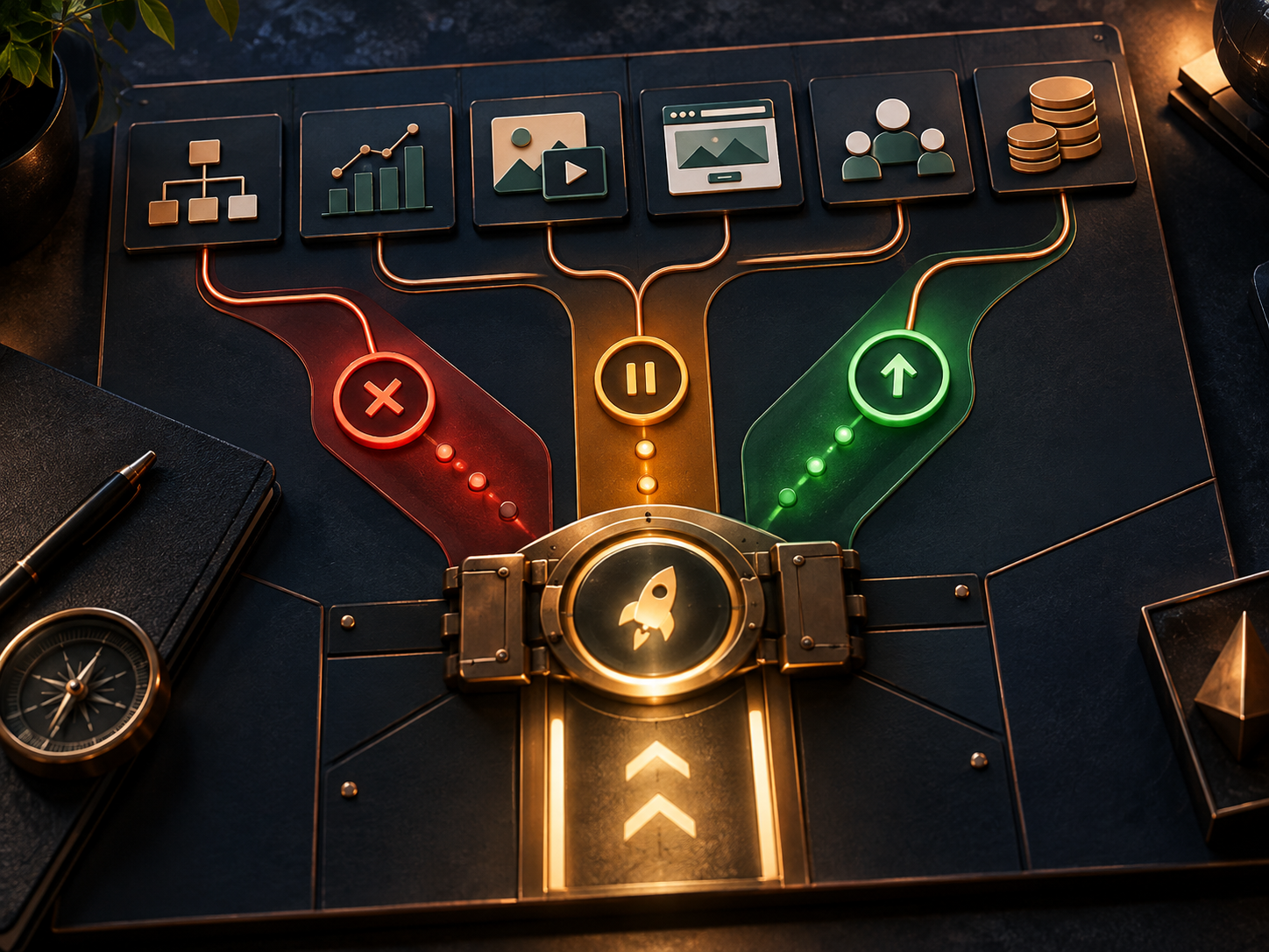 Dark navy launch board with red BLOCK, amber REVIEW and green GO lanes converging on a campaign launch gate